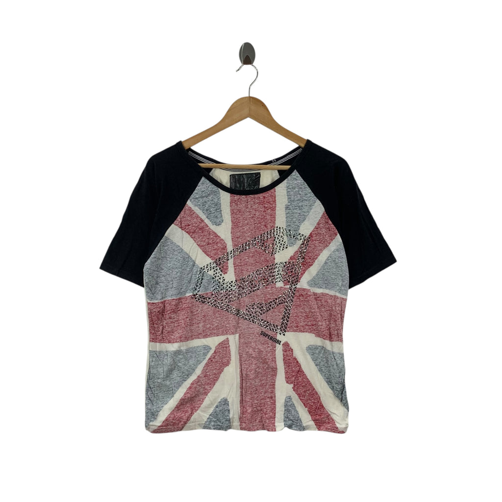 DC COMICS SUPERGIRL UK Flag Raglan Superheroes Tee Shirt Top Movie Film