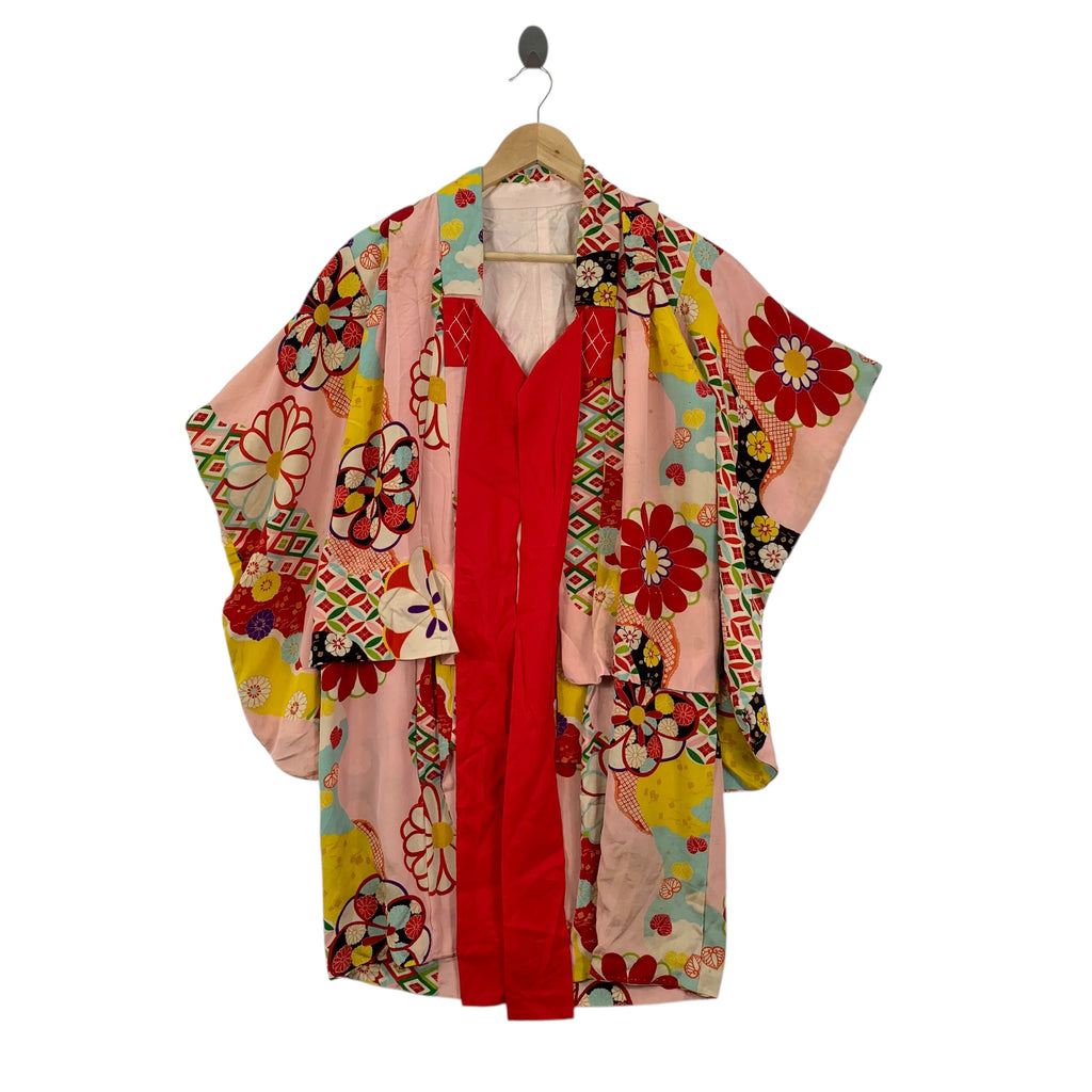 Vintage 70s KIMONO FLORAL FLOWER JAPAN Traditional AOP Pink Robe Coat Temple Onsen Yukata Dress Jacket Coat