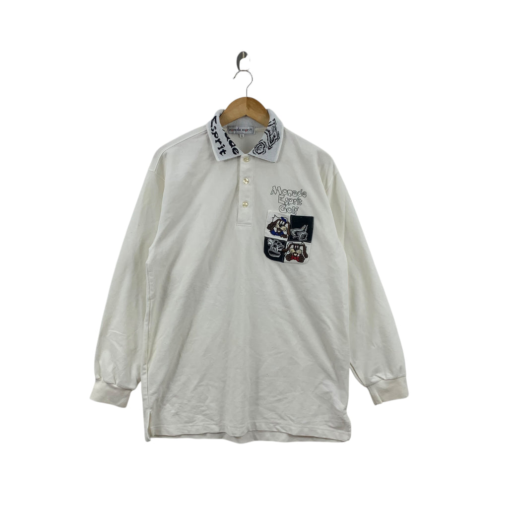 Vintage MONADE ESPRIT GOLF Dog Cartoon Pocket Polo Tee Shirt Top Long Sleeve