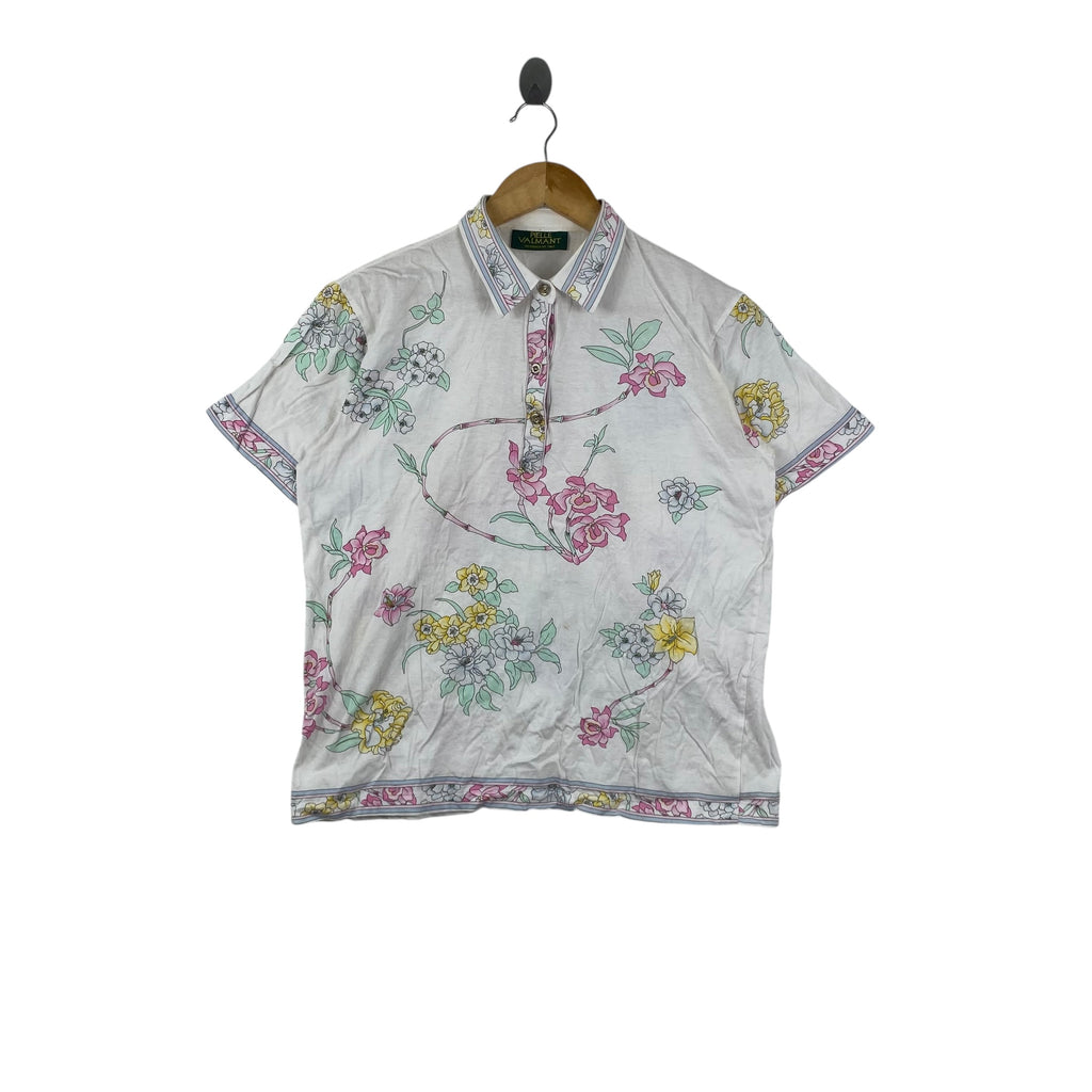 Vintage PIELLE VALMANT  Floral Print Polo Shirt Style Short Sleeve Pastel Flower Pattern Collared Button Up