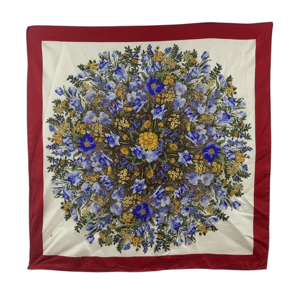 Vintage FLORAL BOUQUET Spring Bloom Medallion Silk Scarf Hand Rolled Shawl Neckerchief