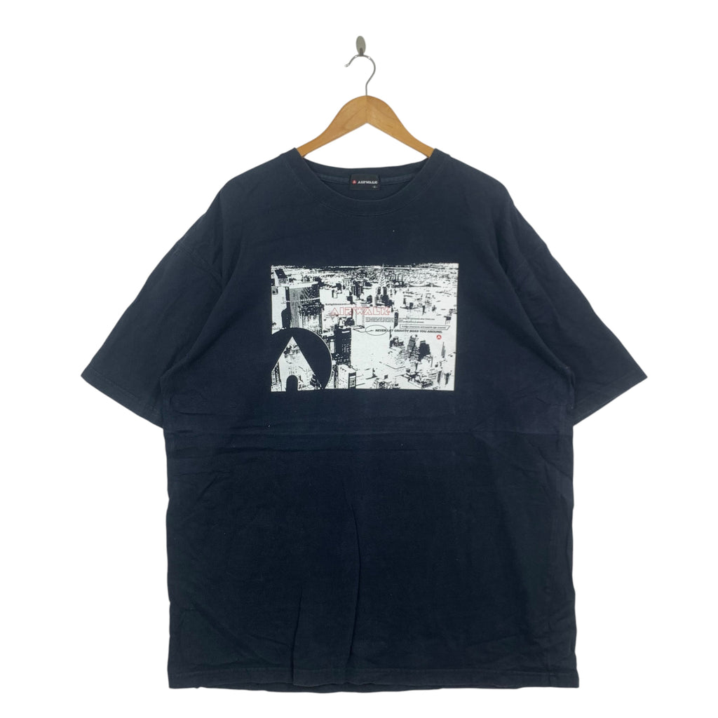 AIRWALK SKATEBOARD Cityscape Drawing Tee Shirt Black Short Sleeve Embossed Logo