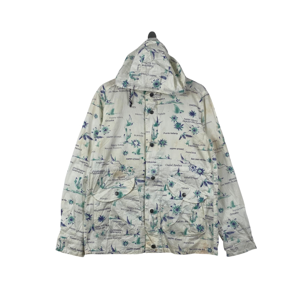 Vintage JAPANESE HAPPY Ethnic Mexico Floral Print Hooded Jacket Full Zip Button Front Lightweight Casual Overshirt