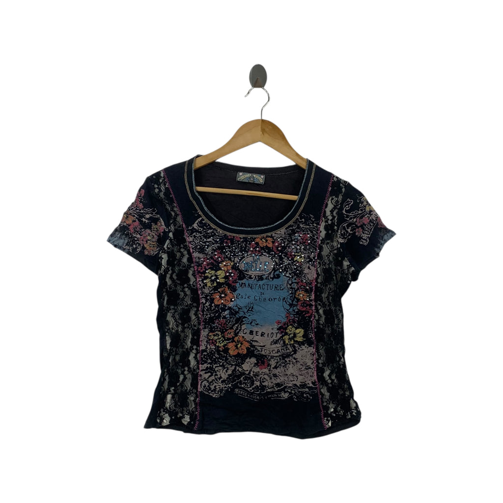 Vintage VANILLA SUGAR LA BELLE Rhinestone Bling Tee Shirt Top Abstract Design