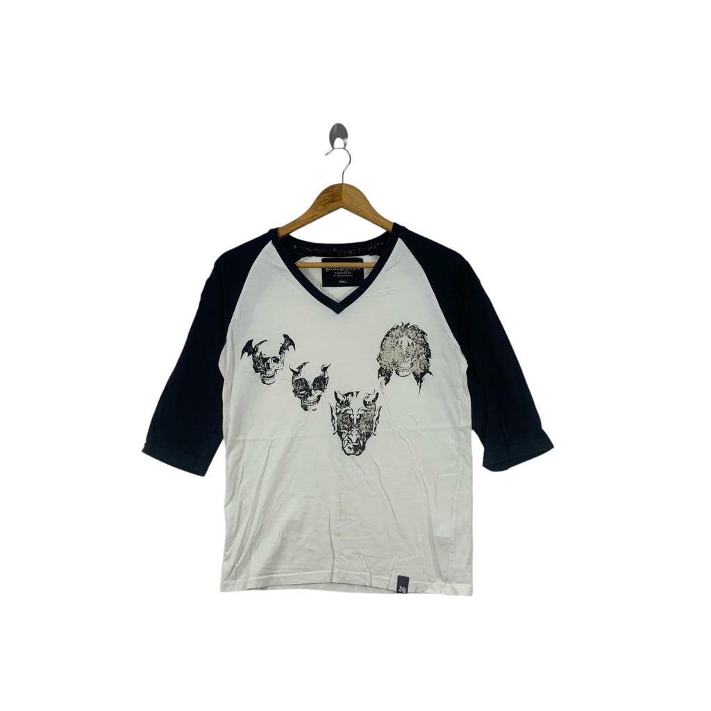 CRAZY DEVILS EVOLUTION Skull Bones Rocker Tee Shirt Top Raglan 3 Quarter Sleeve