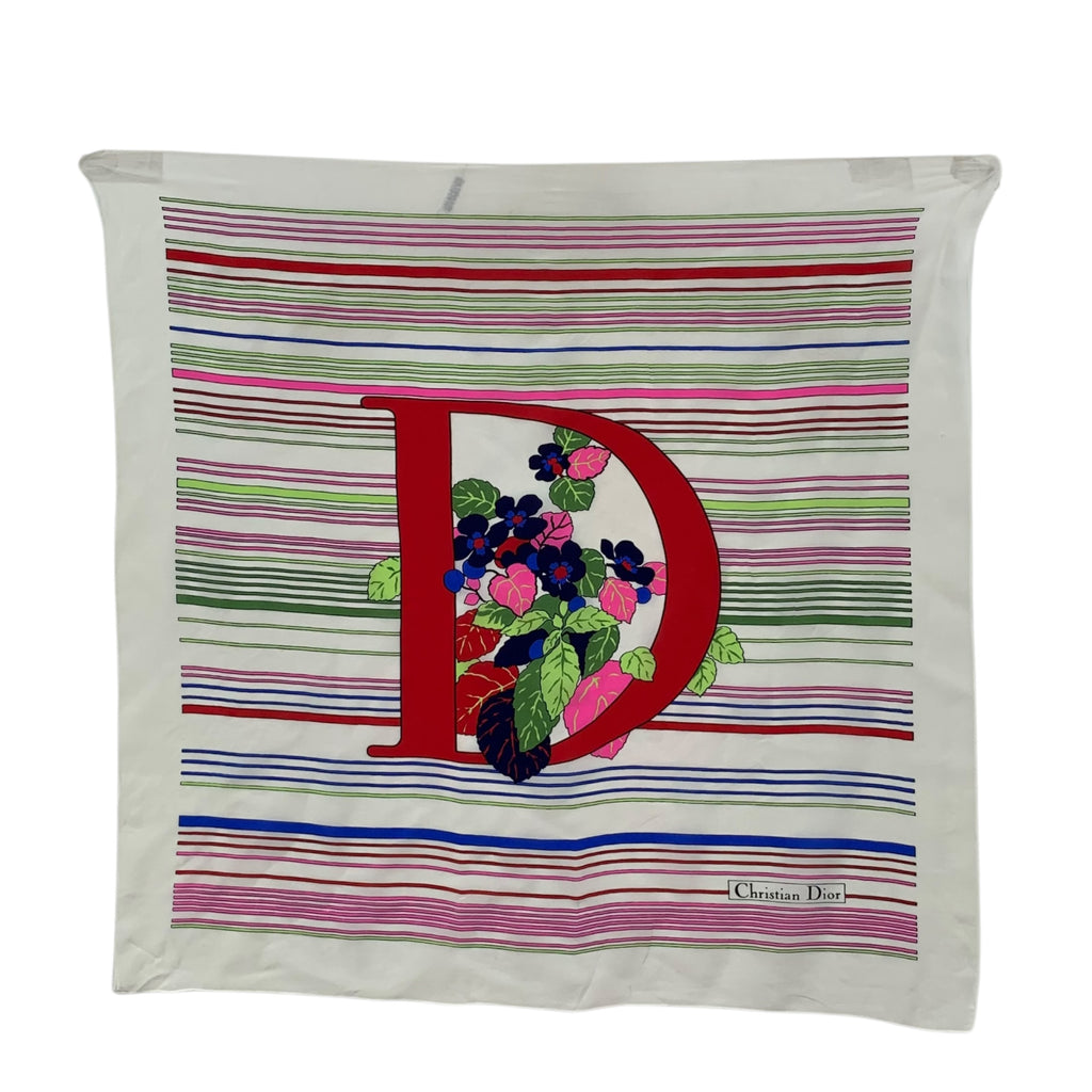 Vintage CHRISTIAN DIOR PARIS Floral Bouquet Silk Scarf Hand Rolled Shawl Neckerchief Monogram