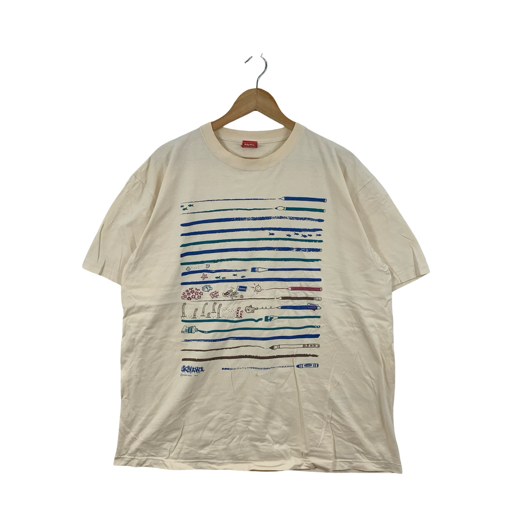 Vintage HABU BOX JAPAN Souvenir Crayon Illustration Tee Shirt Top Painting Drawing