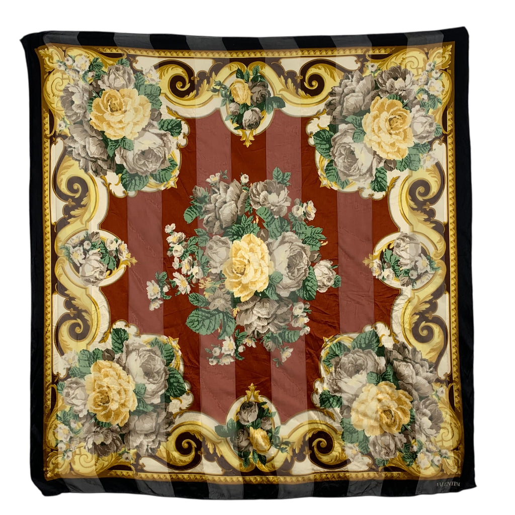 Vintage VALENTINO GARAVANI Floral Baroque Silk Scarf Hand Rolled Shawl Neckerchief Gold Ornate Scroll