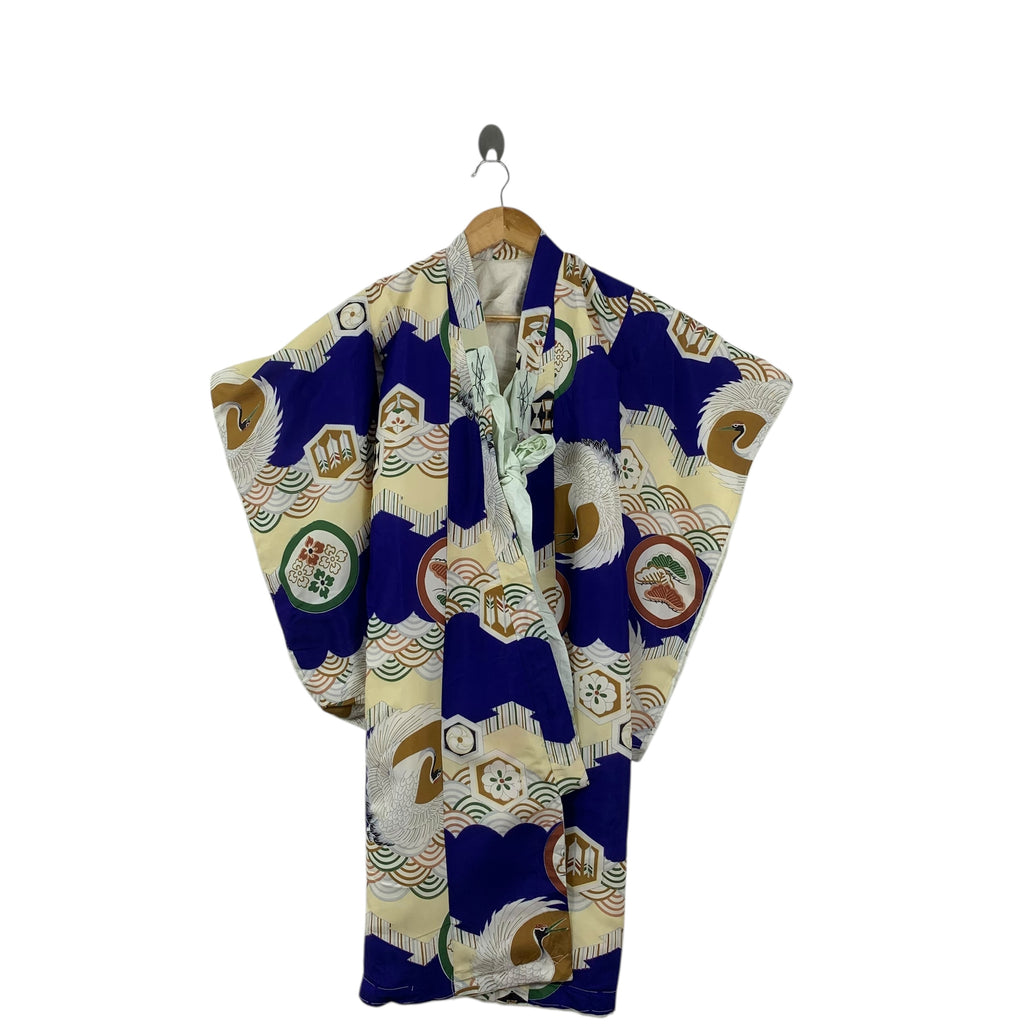 Vintage 70s KIMONO JAPAN  SEIGAIHA Crane Traditional Geisha Robe Coat Temple Onsen Yukata Dress Jacket Coat