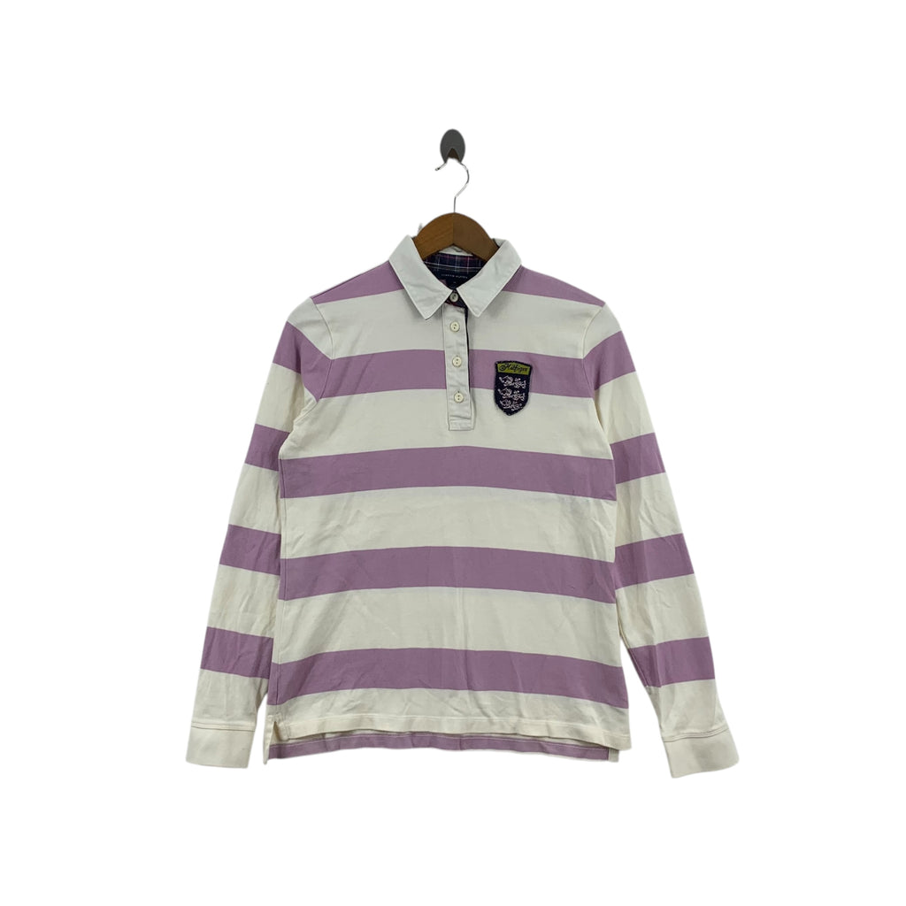 Vintage TOMMY HILFIGER Stripes Rugby Polo Tee Shirt Embossed Logo Purple Long Sleeve