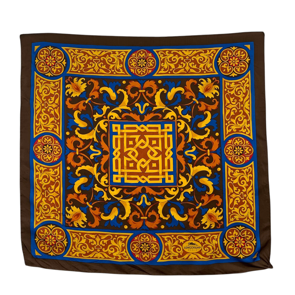 Vintage LONGCHAMP PARIS Baroque Ornate Silk Scarf Hand Rolled Shawl Neckerchief Medallions