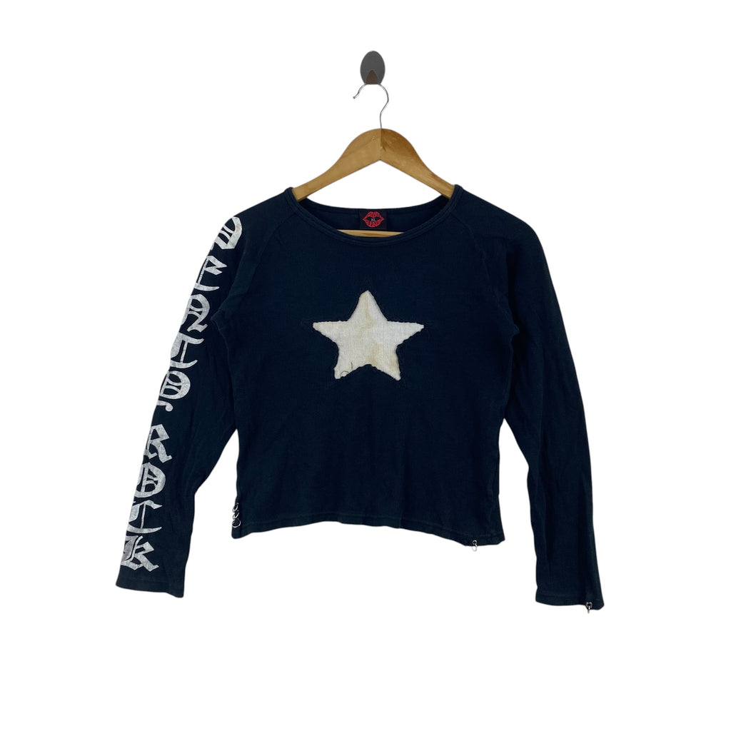 Vintage Y2K Long Sleeve Crop Top White Star Applique Graphic Sleeve Logo Grunge Punk Streetwear
