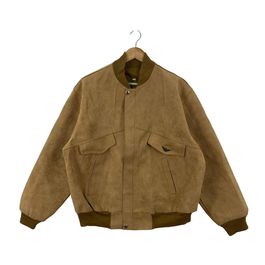 Vintage R.G.A. Italian Style Made in Italy Suede Leather Bomber Jacket Tan Deer Logo Ribbed Collar