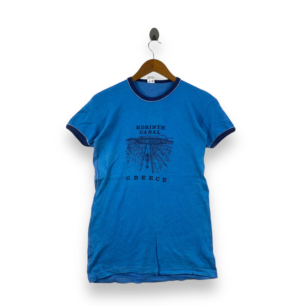 Vintage 89’ KORINTH CANAL GREECE Made In Athens Tee Shirt Top Painting Illustration Ringer Blue Cotton
