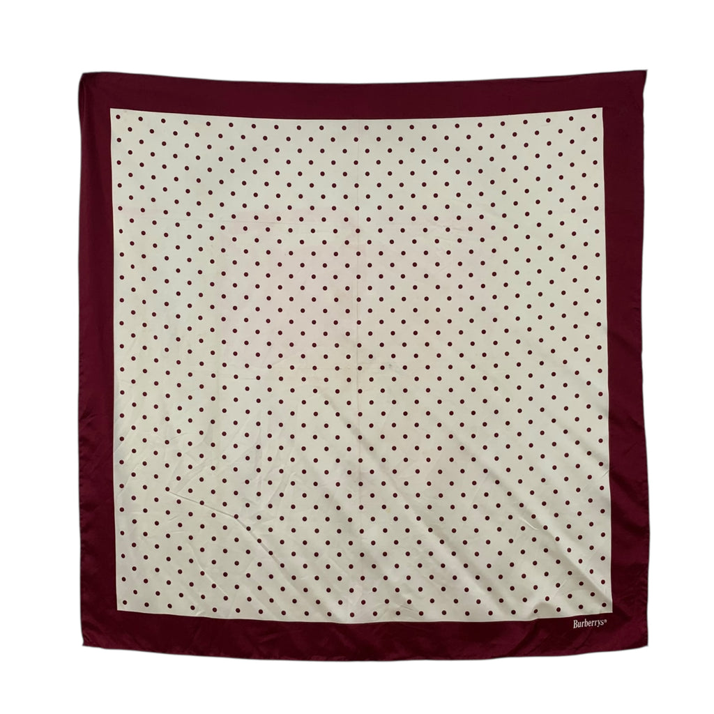 Vintage BURBERRY LONDON Burgundy Polka Dot Silk Scarf Hand Rolled Shawl Neckerchief Deep Berry Border