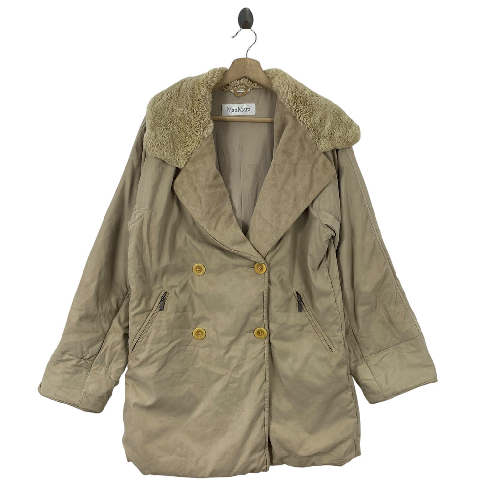 Vintage MAXMARA Puffer Jacket Faux Fur Collar Double Breasted Coat Oversized Luxury Winter Outerwear Classic Designer Jacket