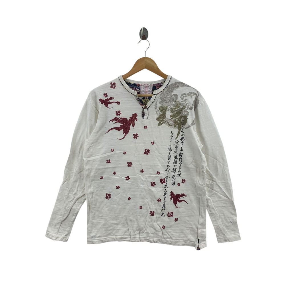 JAPAN TRADITIONAL KOI Fish Sakura Drop Henley Tee Shirt Top Long Sleeve