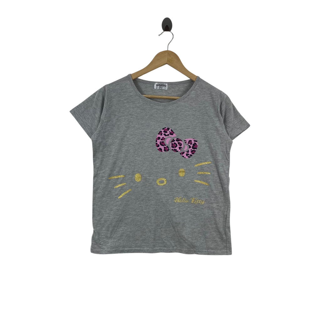 HELLO KITTY Graphic Leopard Bow Glitter Face Print Short Sleeve Tee Shirt Cute Kawaii Casual Sanrio