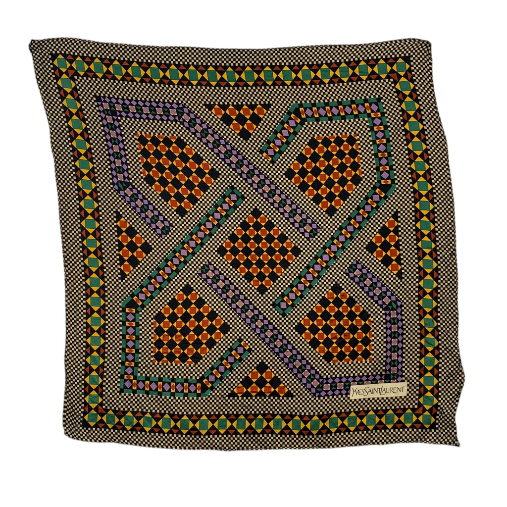 Vintage YVES SAINT LAURENT PARIS YSL Geometric Silk Scarf Hand Rolled Shawl Neckerchief Diamond Mosaic Optical