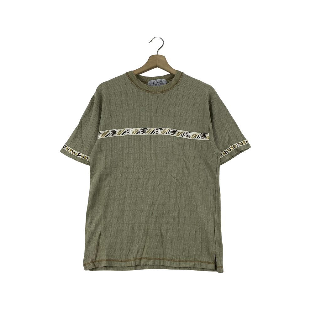 Vintage GLASER WAFFLE  Knit Tribal Tape Stripe Short Sleeve Casual Streetwear Y2K Textured Tee Shirt Style
