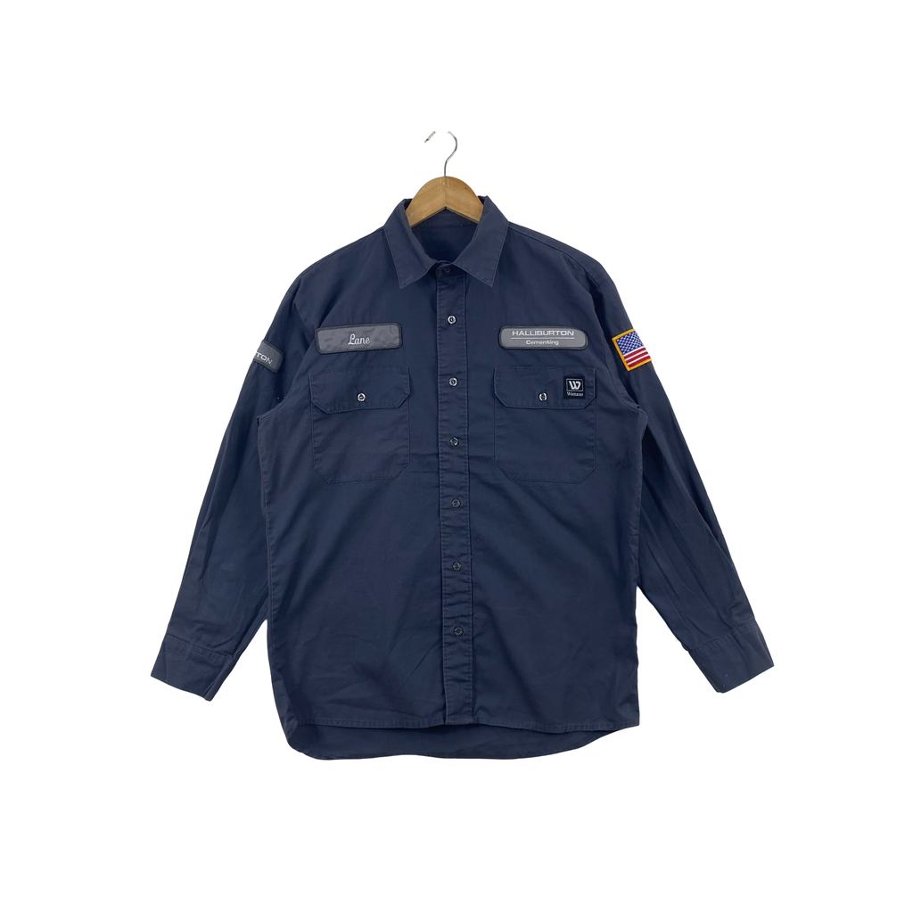 Vintage HALLIBURTON CEMENTING Workwear Button  Patch Utility Long Sleeve USA Flag Uniform Style