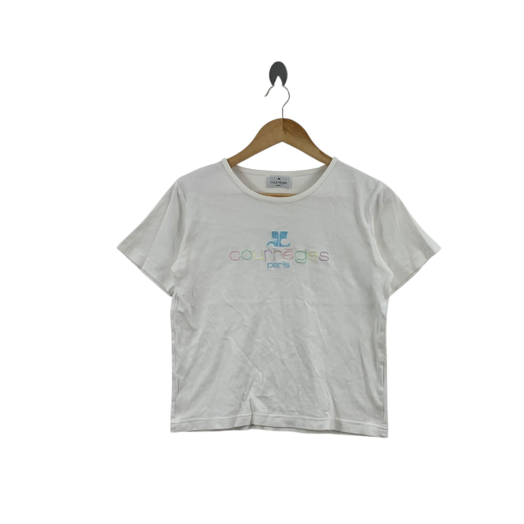Vintage COURREGES PARIS Embroidered Logo Tee Shirt Top Rainbow