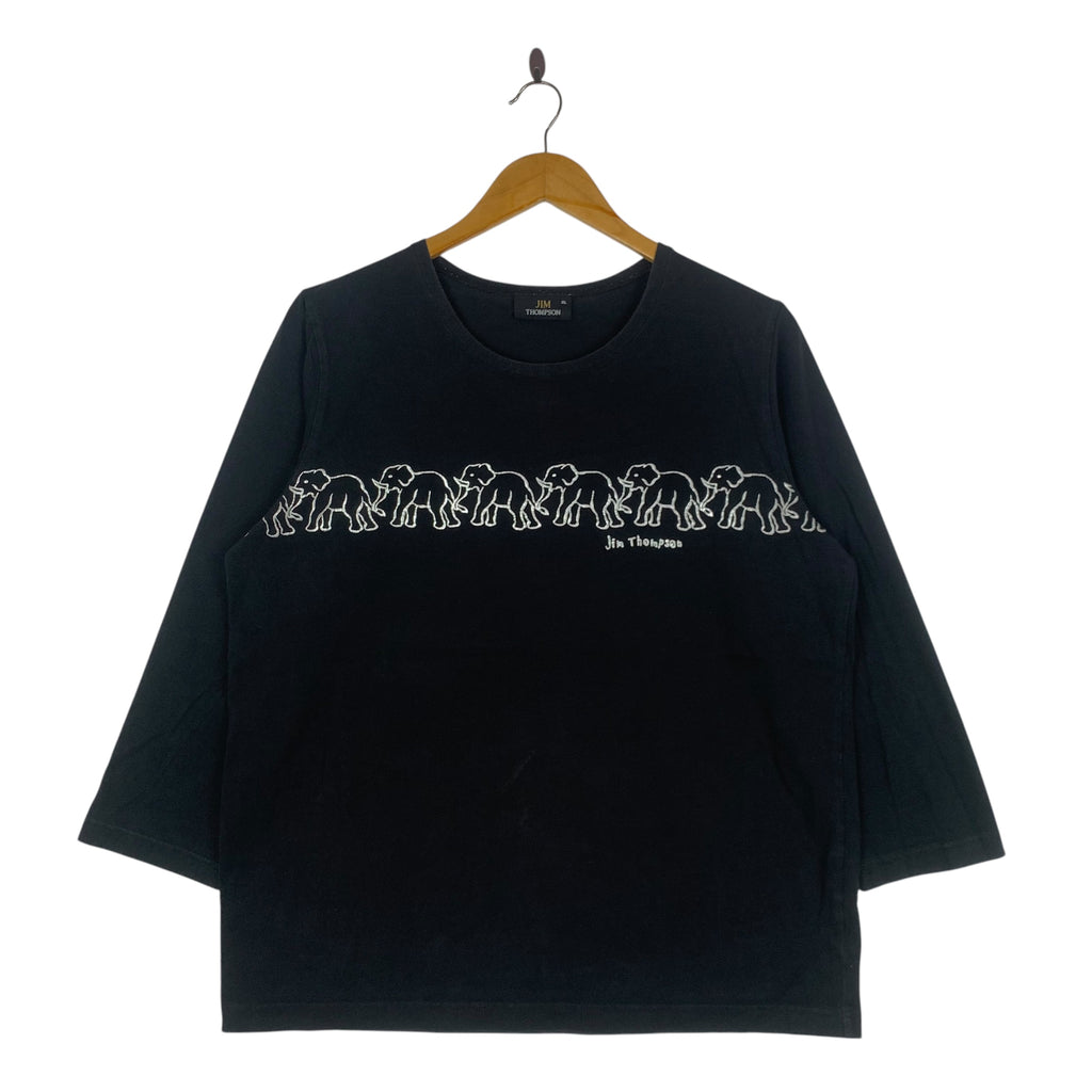 JIM THOMPSON THAILAND Batik Elephant Painting Tee Shirt Top Black Long Sleeve