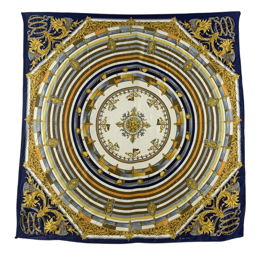 Vintage CELESTIAL COMPASS PLANETARY Rings Silk Scarf Hand Rolled Shawl Neckerchief