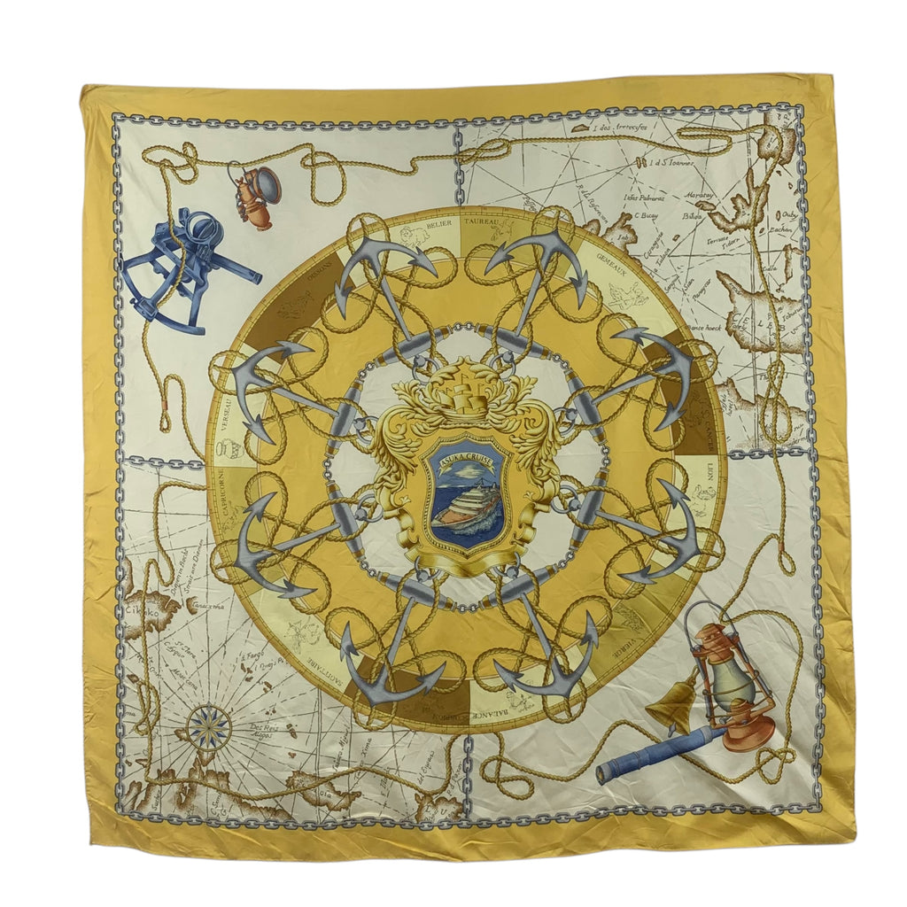 Vintage ASUKA CRUISE JAPAN Nautical Map Silk Scarf Hand Rolled Shawl Neckerchief Maritime Anchor Design