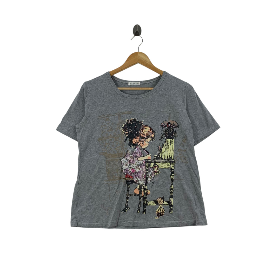 Vintage YURINA PARIS Painting Cat Illustration Tee Shirt Top Artwork
