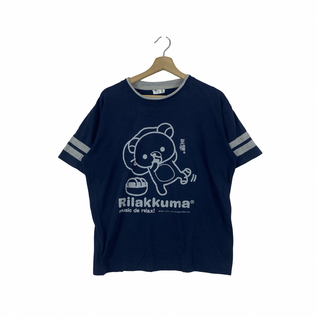 Vintage RILAKKUMA  Graphic  Kawaii Bear Character  San-X Ringer Tee Shirt Short Sleeve Casual Streetwear