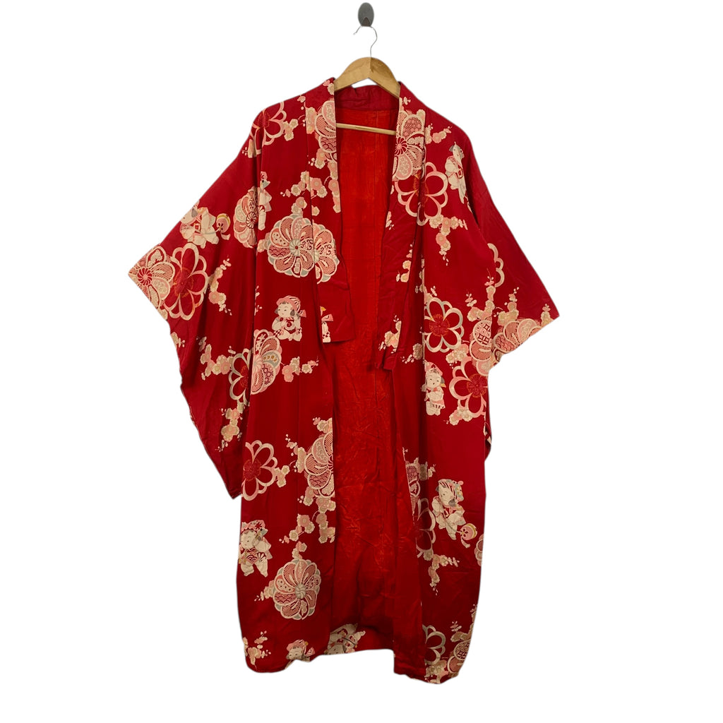Vintage 70s KIMONO JAPAN   FLORAL Pattern Red Traditional Geisha Robe Coat Temple Onsen Yukata Dress Jacket Coat