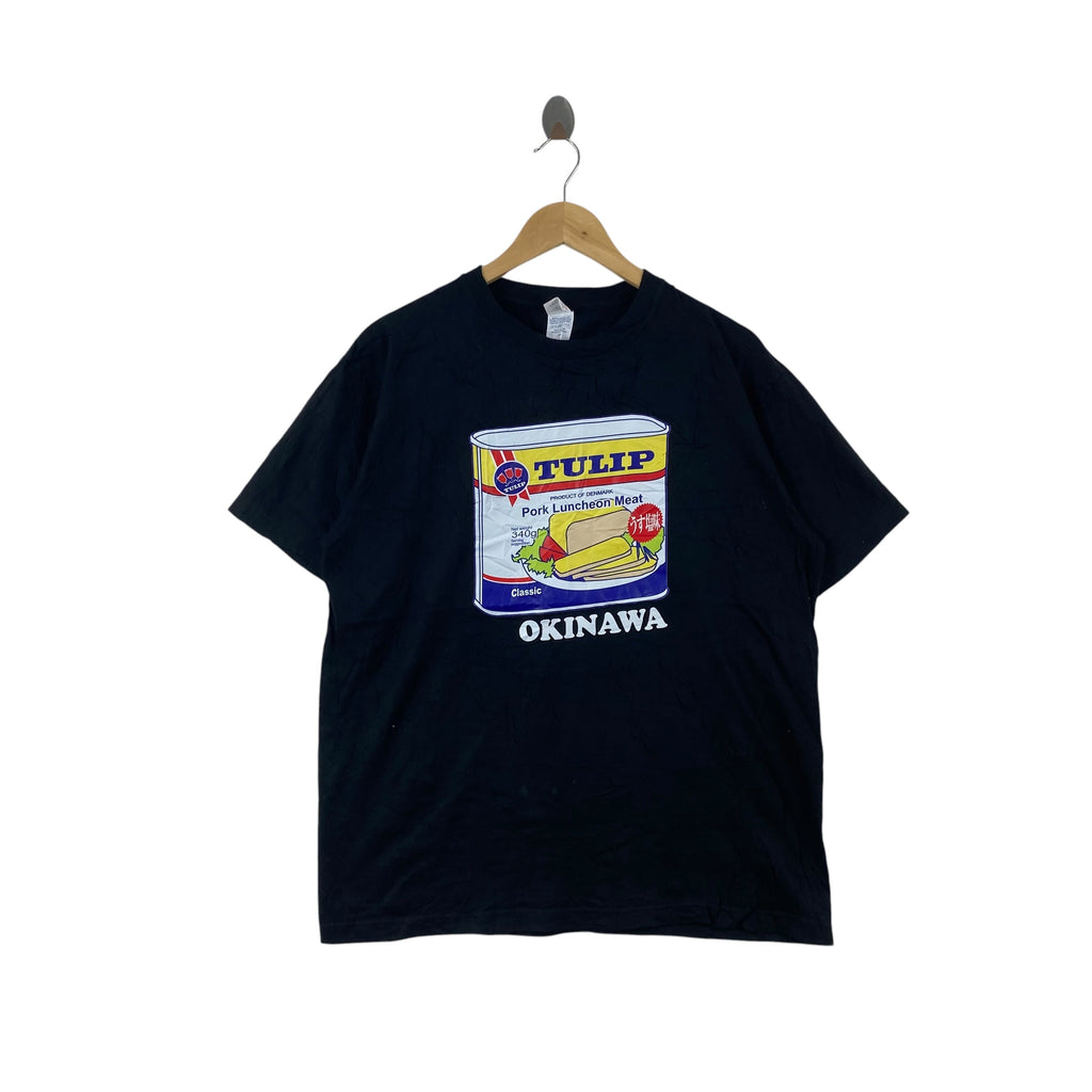 Vintage TULIP PORK LUNCHEON Meat Okinawa Graphic Tee Shirt Denmark Food Can