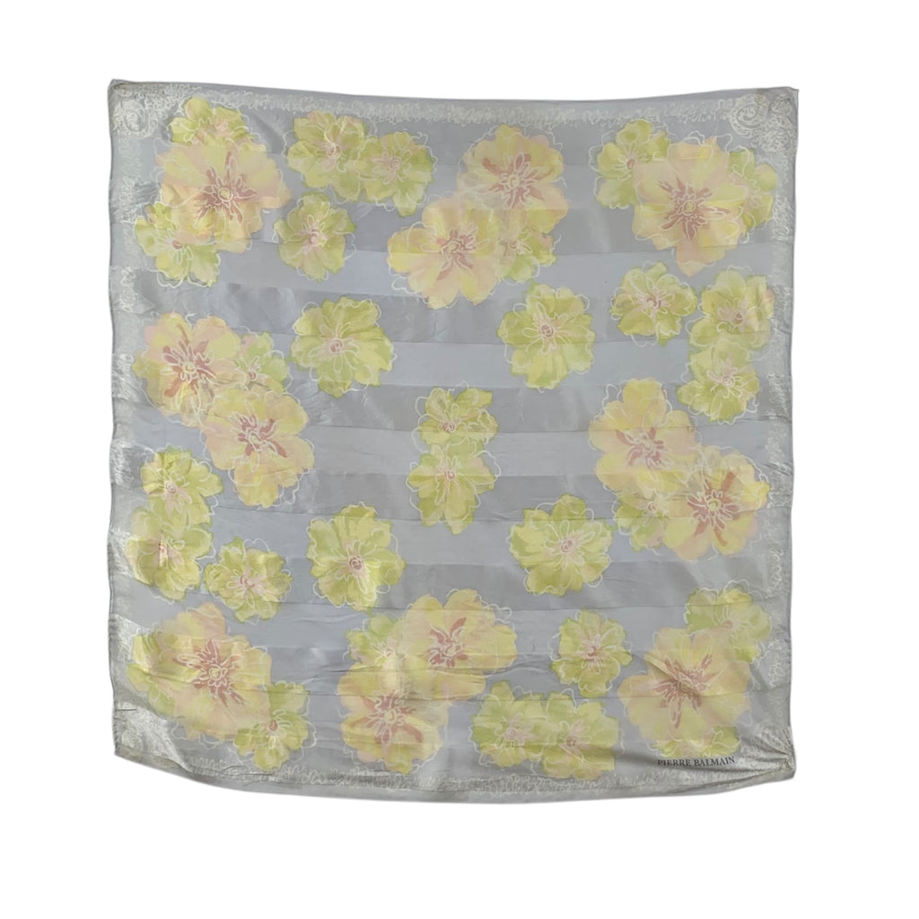 Vintage PIERRE BALMAIN PARIS Pastel Floral Scatter Plaid Silk Scarf Hand Rolled Shawl Neckerchief Blooms