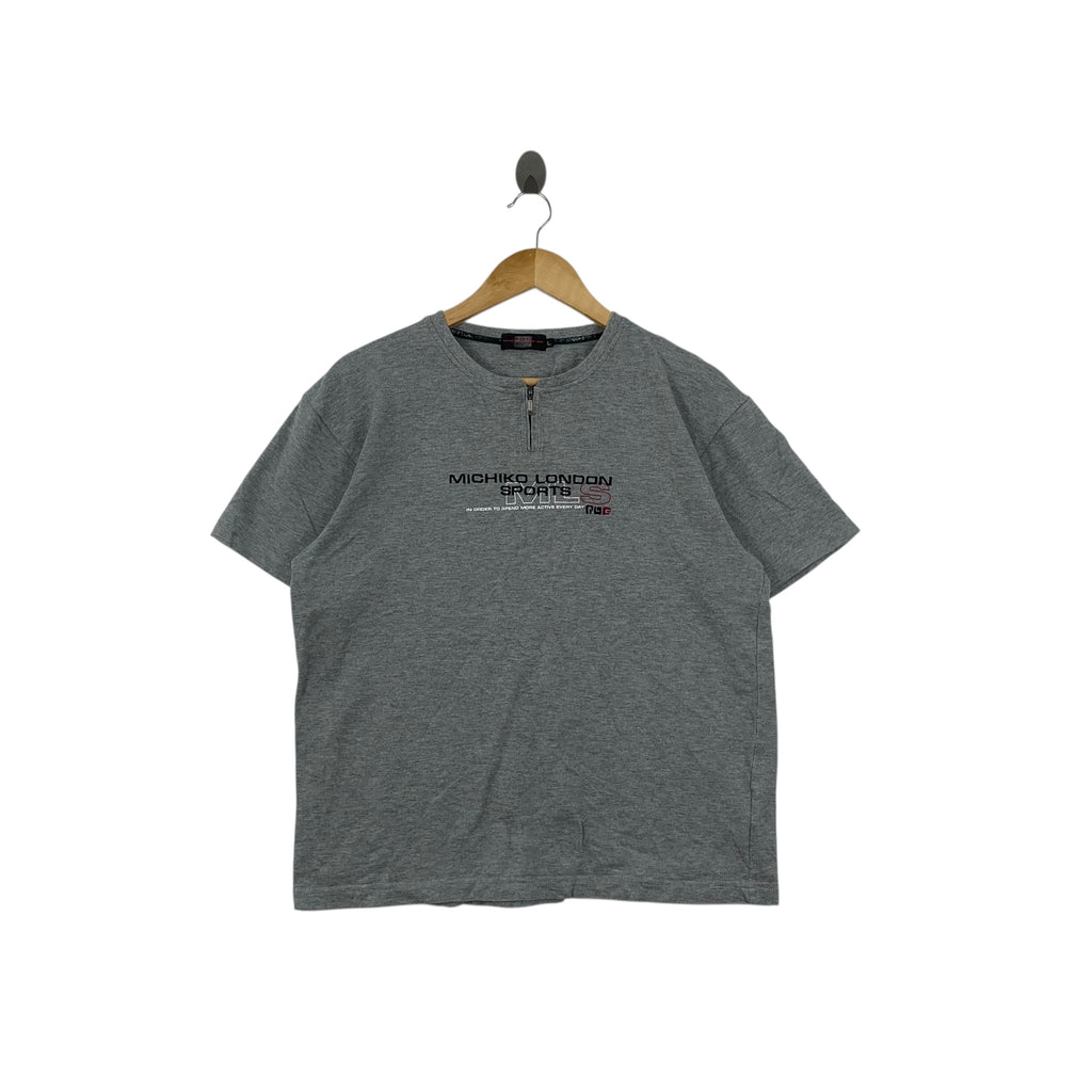 Vintage MICHIKO LONDON SPORTS Embroidered Logo Tee Shirt Top Quarter Zipper