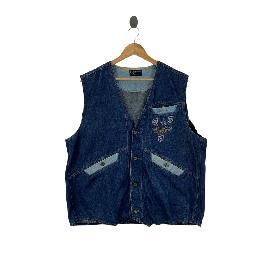 Vintage CALRO VALENTINO ITALY Indigo Denim Jeans Vest Jacket Embroidered Logo