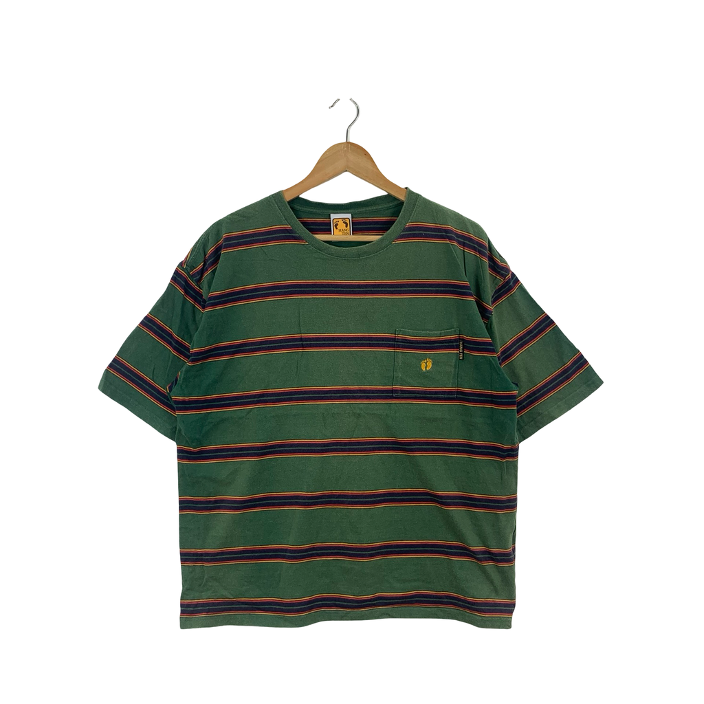 Vintage HANG TEN Embroidered Logo Retro Stripe Design Tee Shirt Top