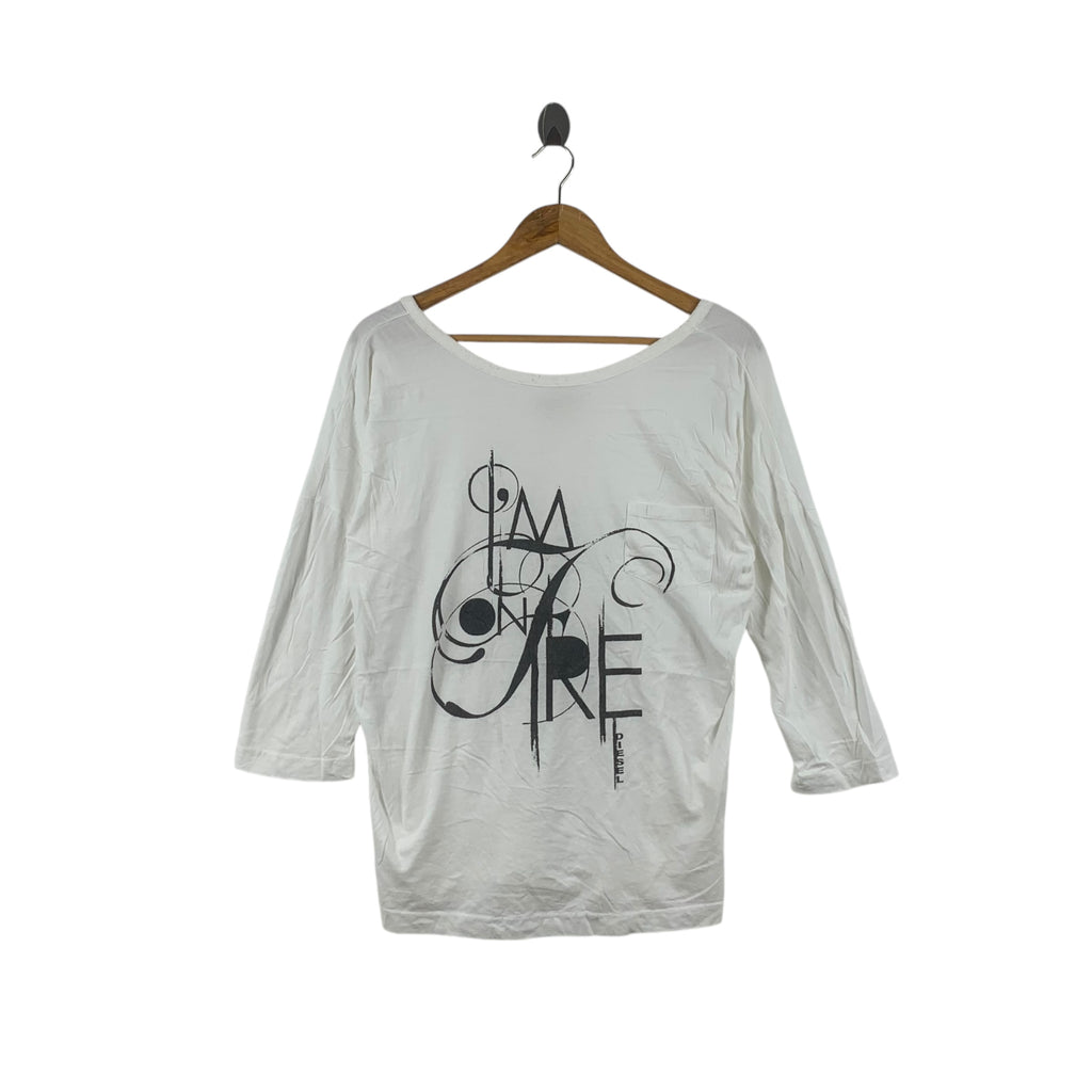 DIESEL ITALY Im On Fire Illustration Graphic Tee Shirt Top Wide Scoop Neck Long Sleeve