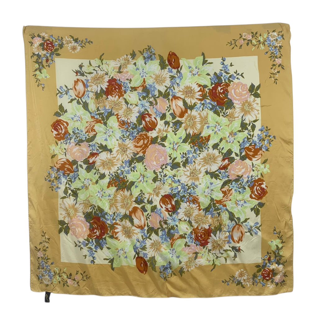 Vintage GOLDEN FLORAL ROSES Daisies Silk Scarf Hand Rolled Shawl Neckerchief Romantic Garden