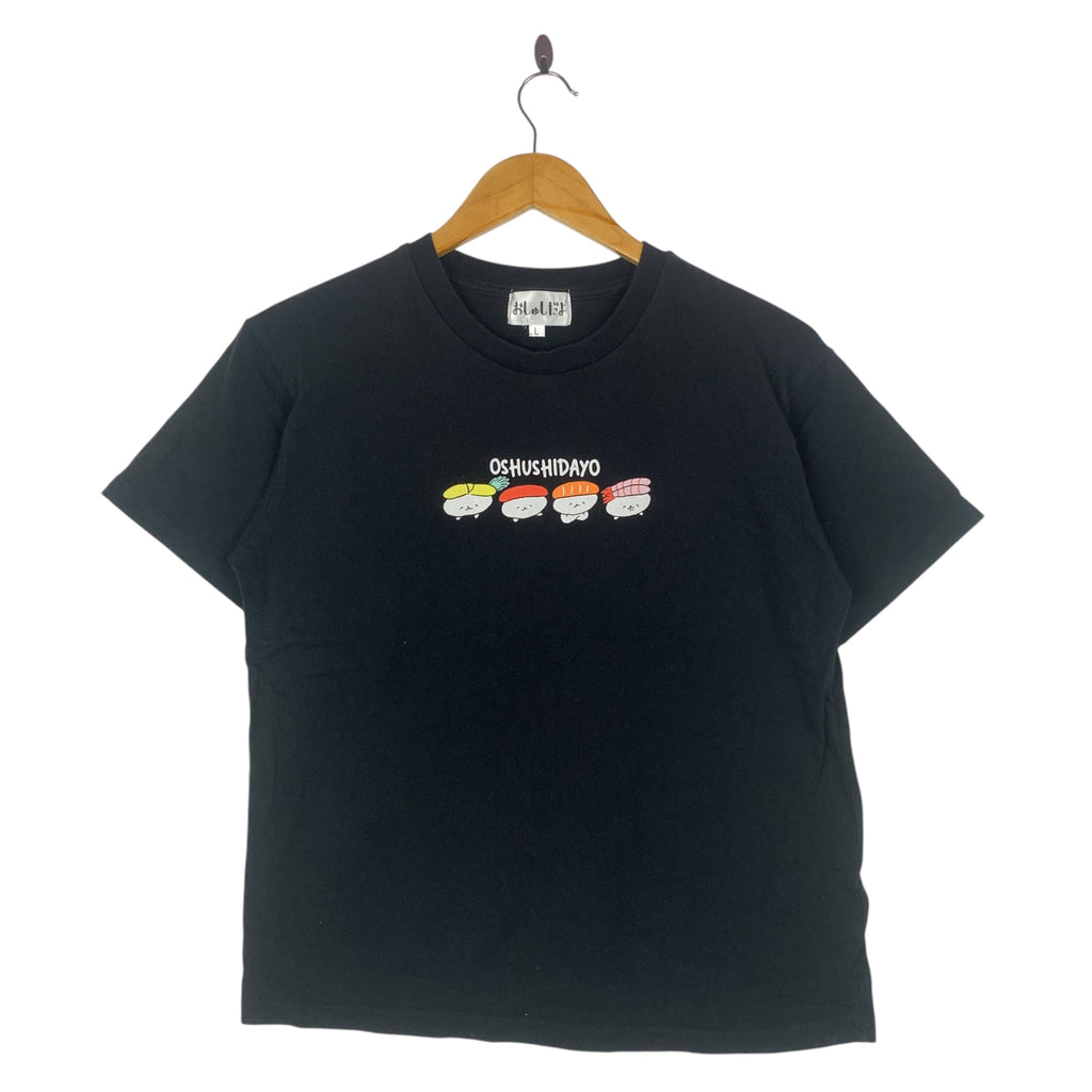 OSHUSHIDAYO Kawaii Japan  Yabai Chan Sushi Tee Shirt Top Cute Cartoon Nigiri Black Short Sleeve