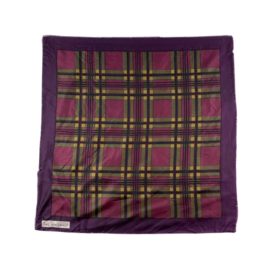 Vintage YVES SAINT LAURENT PARIS YSL Plaid Silk Scarf Shawl Neckerchief Checkered