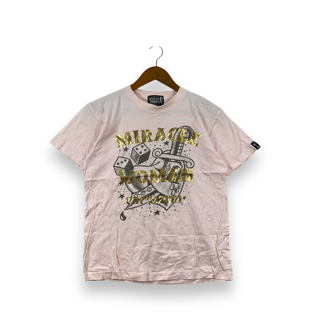 Vintage MIRACLE WOMEN CAT STREET HARAJUKU Made In Japan Tee Shirt Top Rock & Roll Graphic Pink