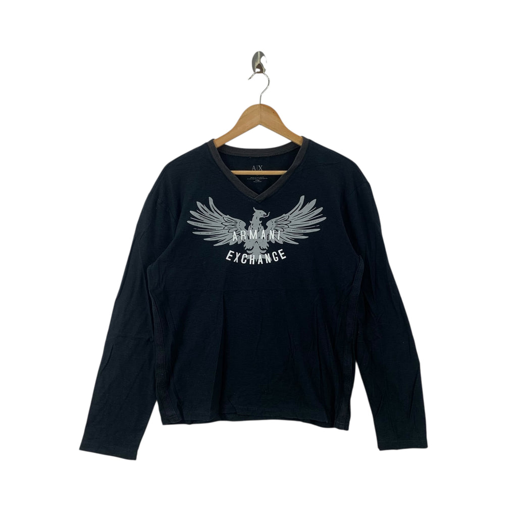 ARMANI EXCHANGE AX Eagle Crest Logo V Neck Tee Shirt Top Long Sleeve Giorgio Emporio