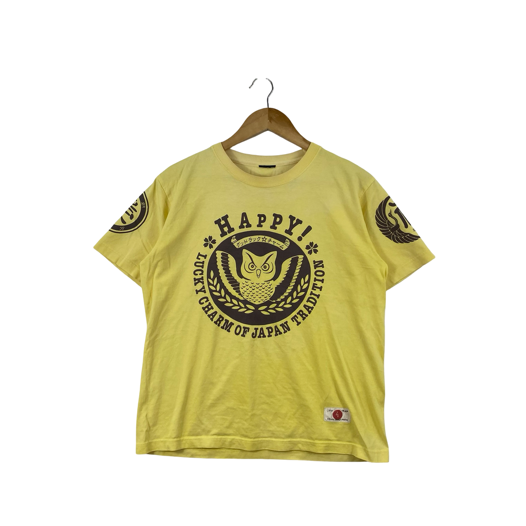 Vintage JAPANESE LUCKY OWL Graphic Happy! Lucky Charm of Japan Tradition Tee Shirt Short Sleeve Casual Streetwear Souvenir