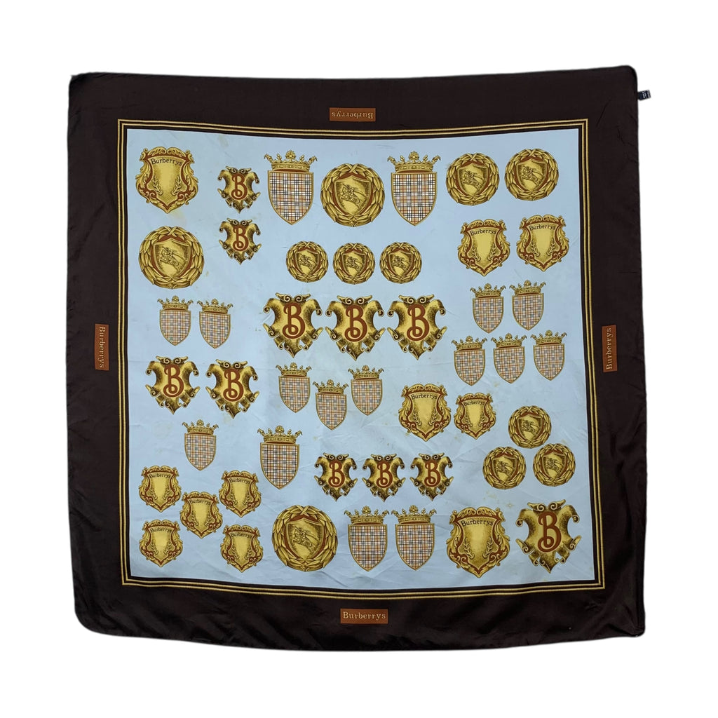 Vintage BURBERRY LONDON Heraldic Crest Silk Scarf Hand Rolled Shawl Neckerchief Shield Motif