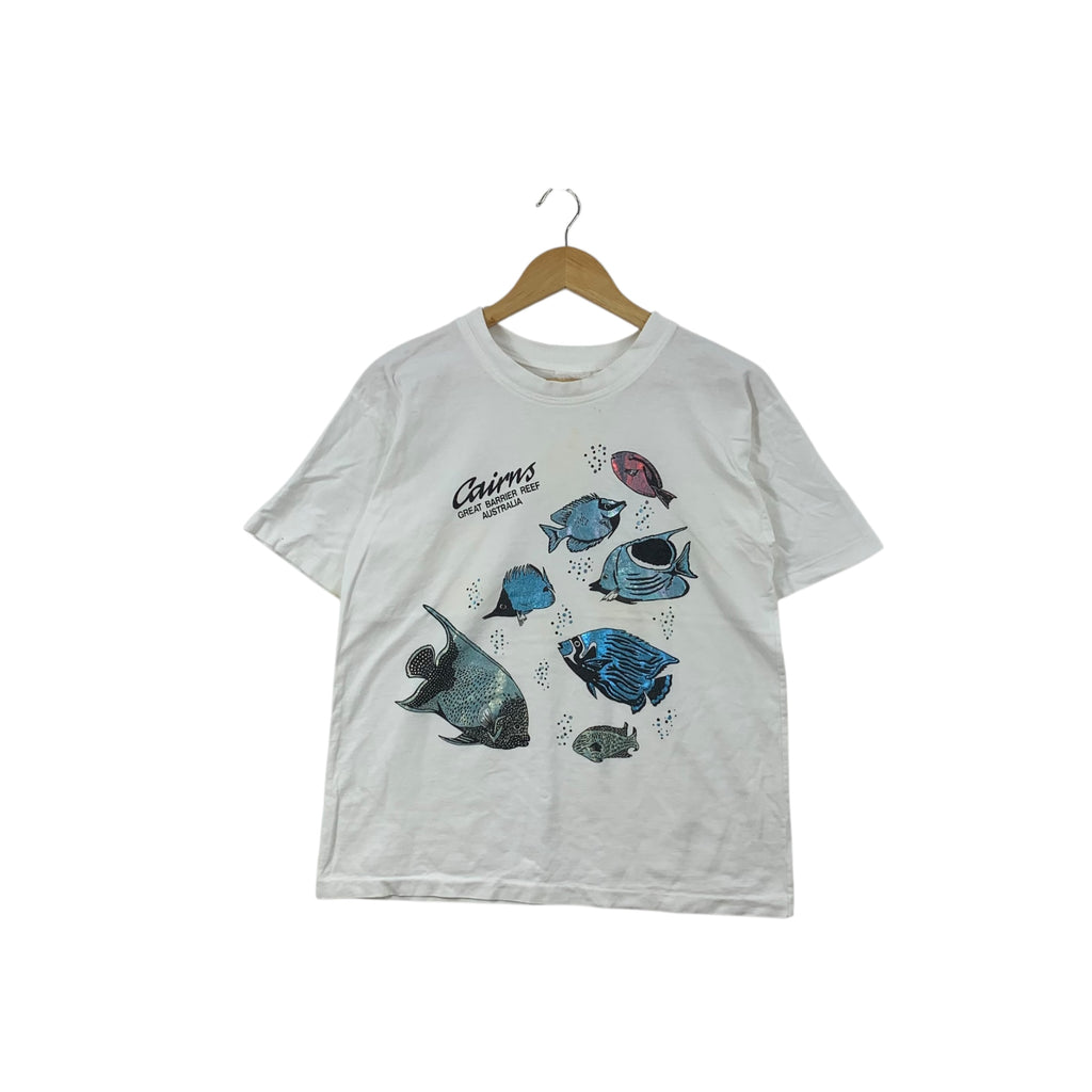 Vintage CAIRNS GREAT BARRIER REEF Australia's Tee Shirt Top Marine Life Tropical Fish Souvenir Short Sleeve