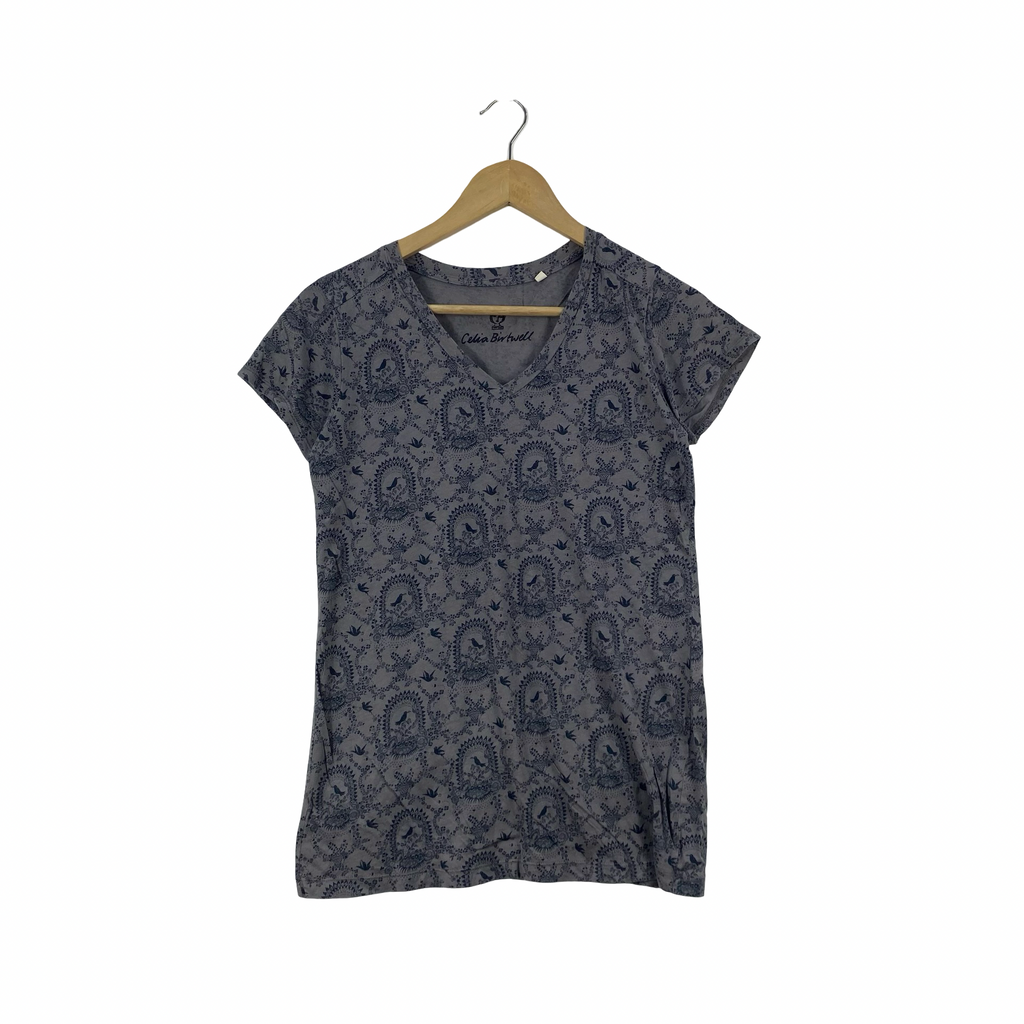 Vintage CELIA BIRTWELL Floral Bird Print V-Neck Short Sleeve Tee Shirt Casual Lightweight Graphic