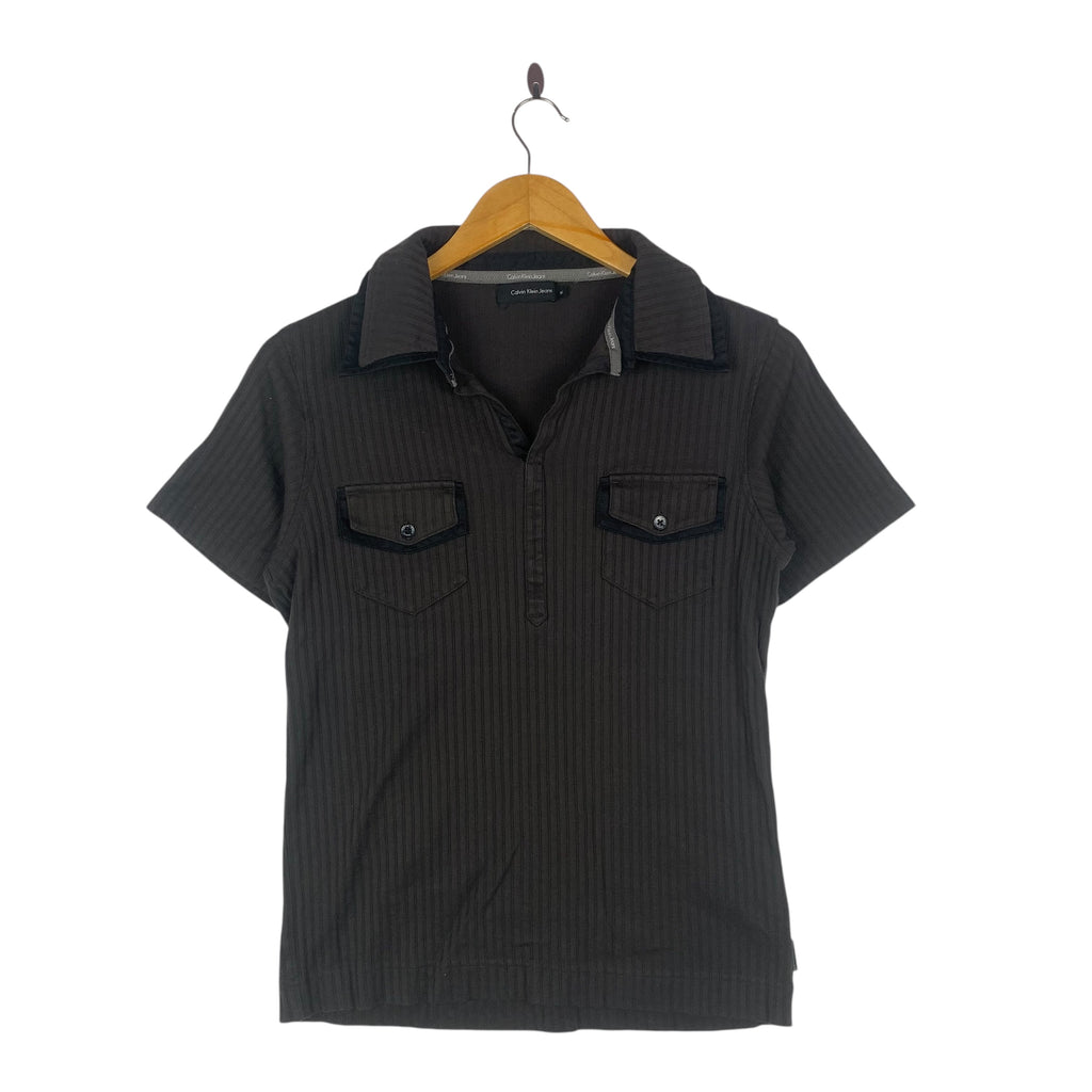 CK CALVIN KLEIN Jeans Collection Pinstripe Polo Shirt Short Sleeve Brown Button Chest Pockets