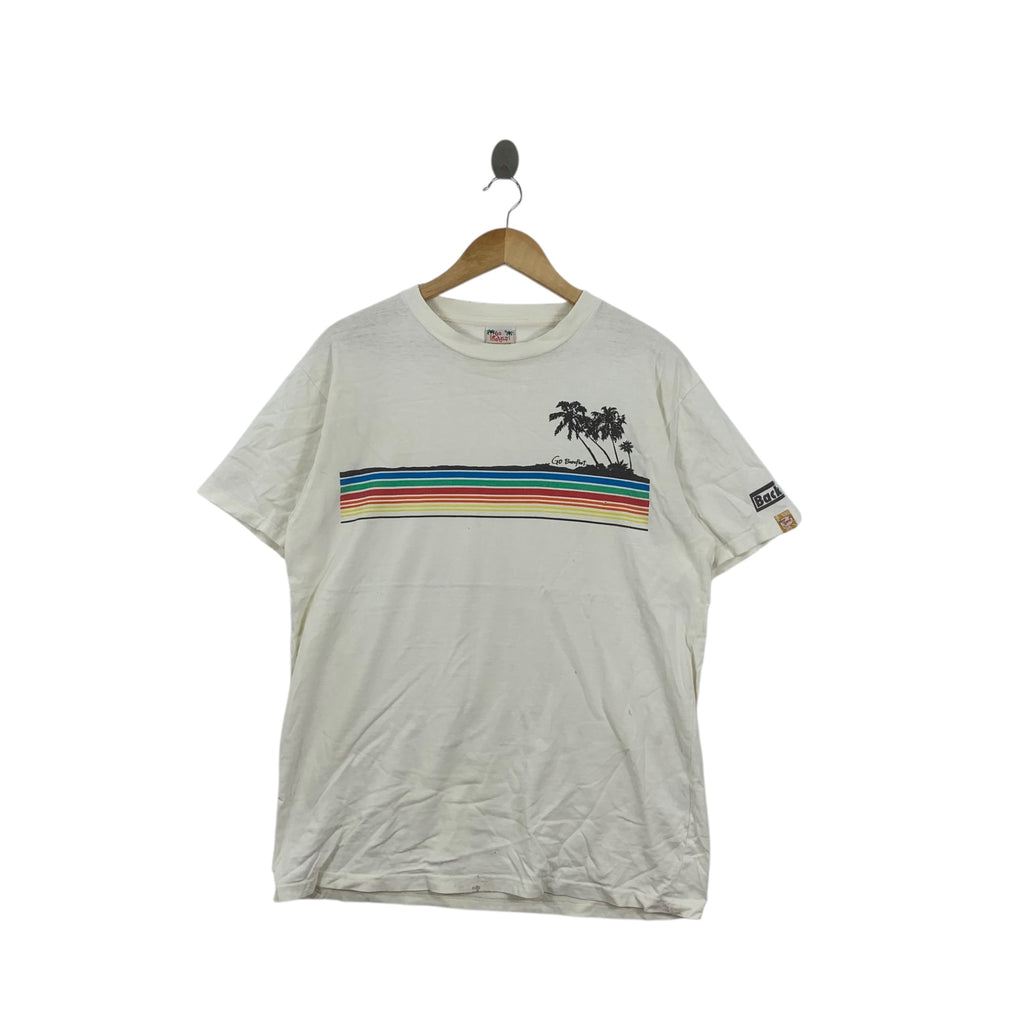 Vintage GO BAREFOOT HAWAII Beach Rainbow Tee Shirt Top The Backdrop Painting Surf