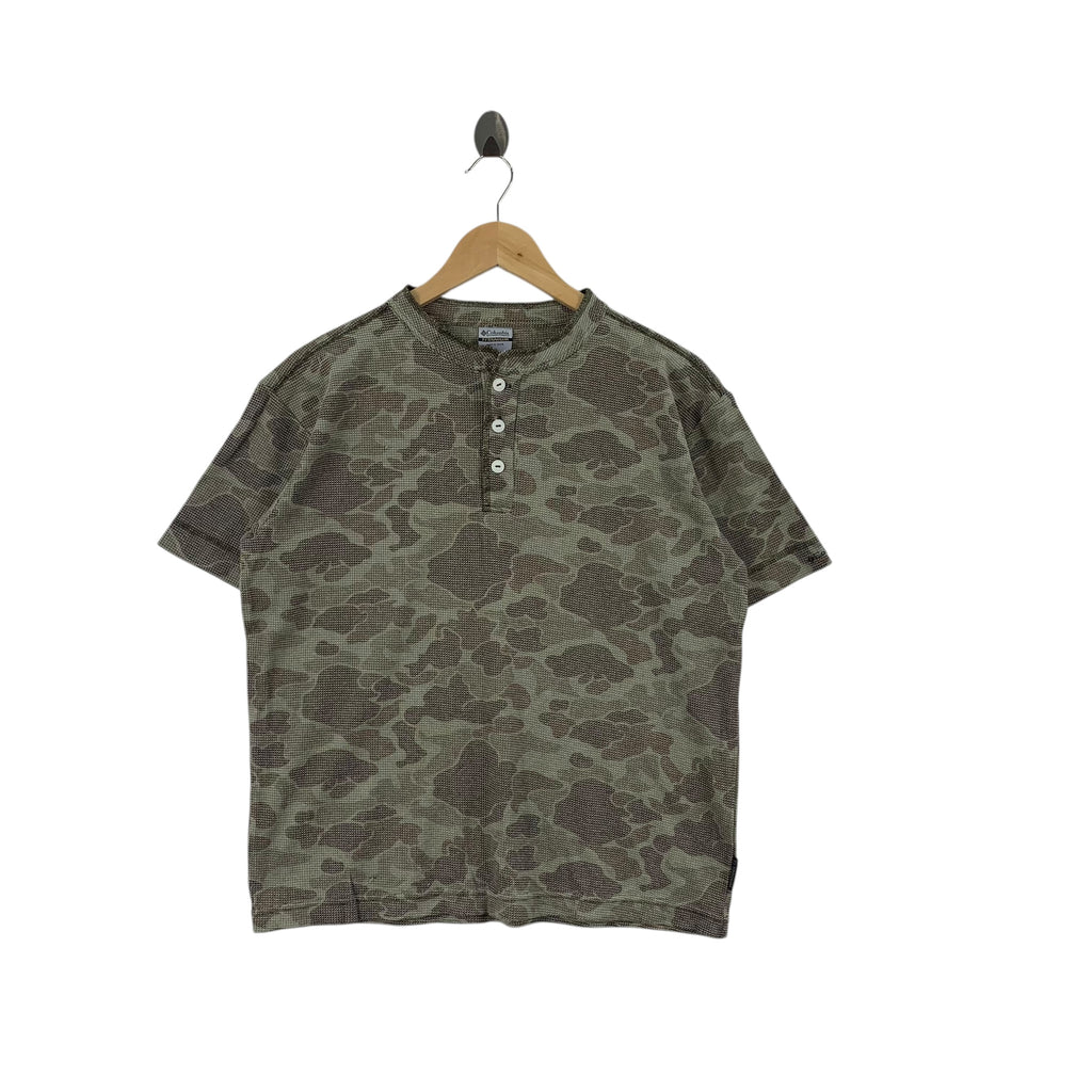 COLUMBIA USA TITANIUM Woodland Camouflage Henley Tee Shirt Top Camo Collection